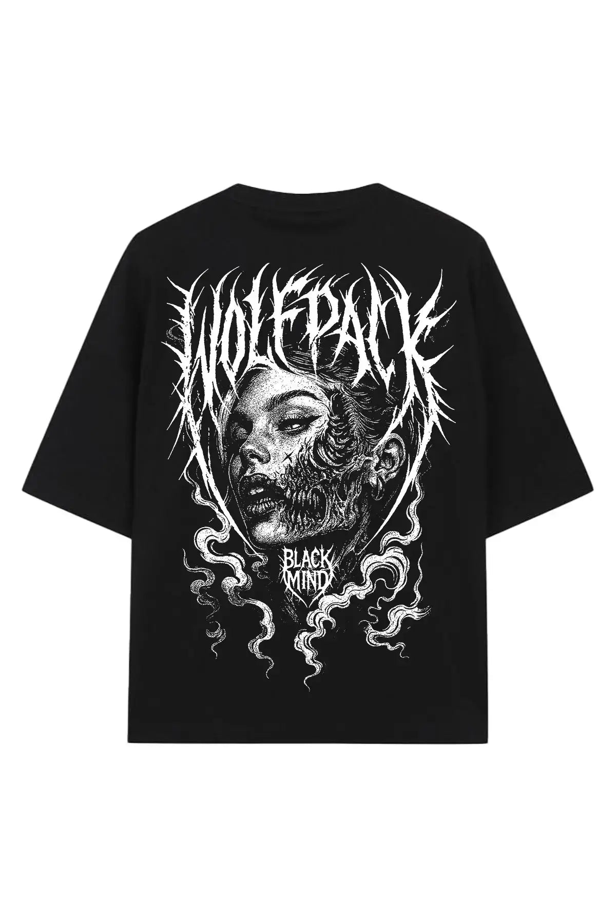Schwarzes Oversized-T-Shirt mit kurzen Ärmeln, auffälligem weißen wolfpack-Print und schwarzem „mind“-Text, Unisex-Toxic-Faith-Design