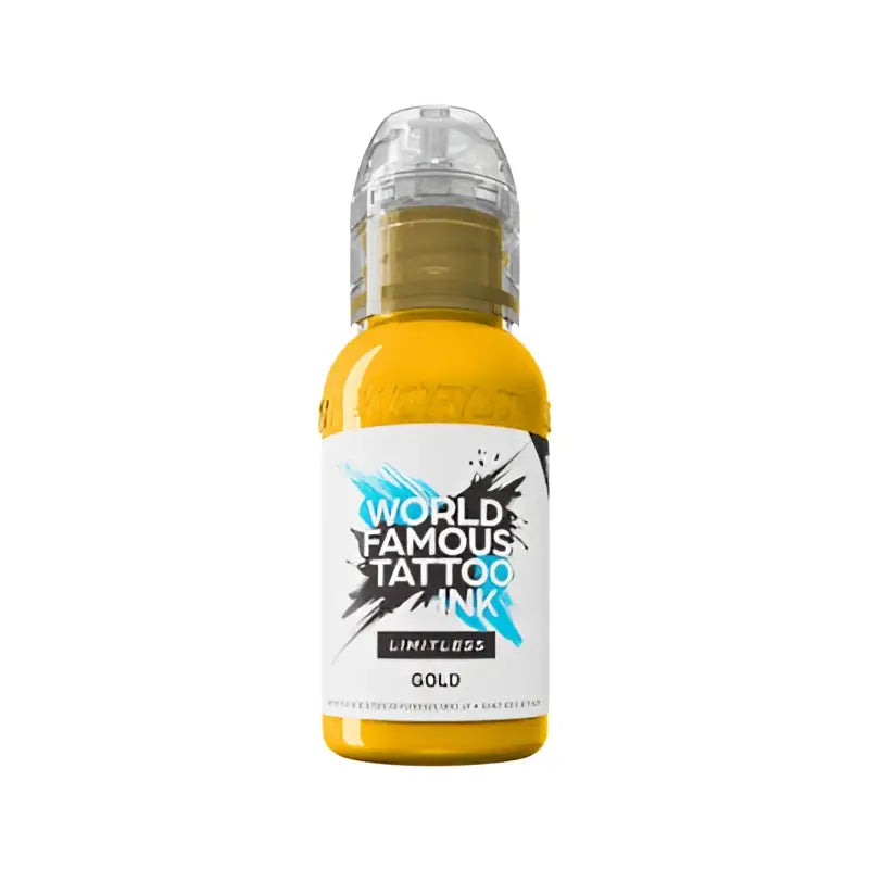Eine leuchtend goldfarbene 30-ml-Flasche WORLD FAMOUS Limitless Tattoo-Farben mit klarem Schraubverschluss und auffälligem Etikett