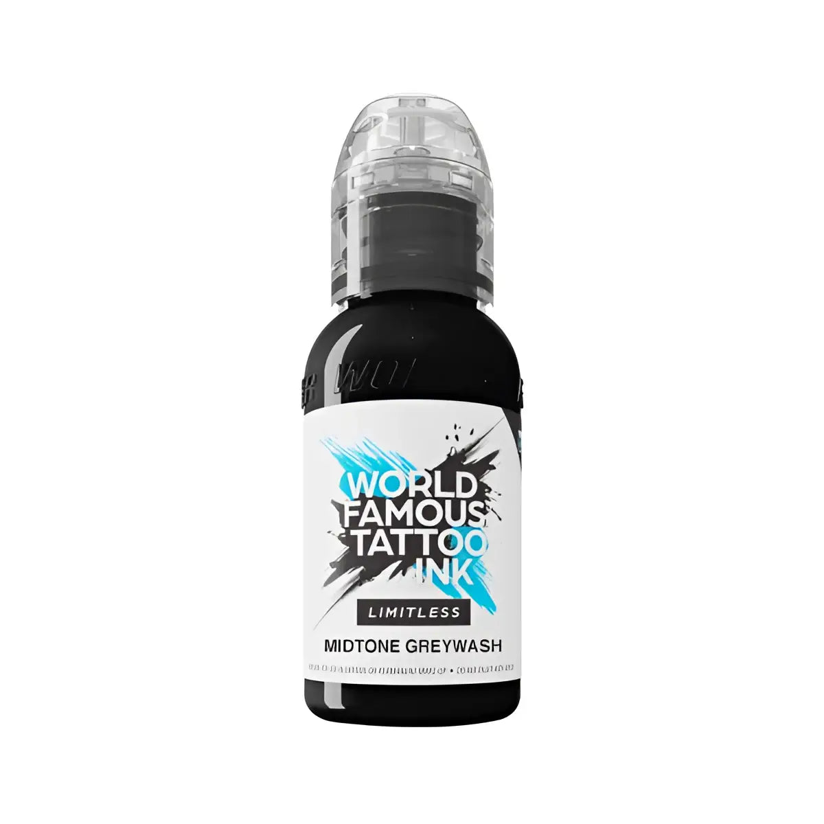 A sleek black bottle of world famous limitless tattoo ink with transparent cap and bold white label with blue accents