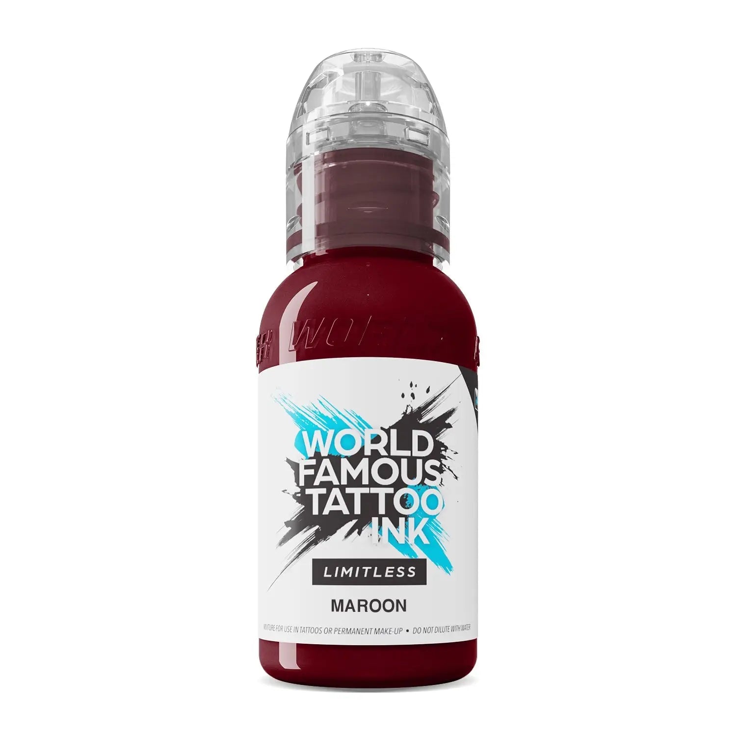 Eine elegante, transparente Flasche world famous limitless Tattoo-Farben im Burgunderrot, 30ml, für professionelles Tätowieren