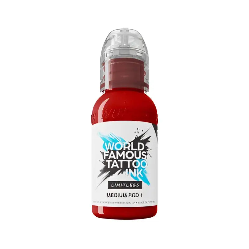 Eine leuchtend rote 30ml-Flasche mit world famous Limitless Tattoo-Farben, klarem rundem Verschluss und markantem schwarzem Textetikett