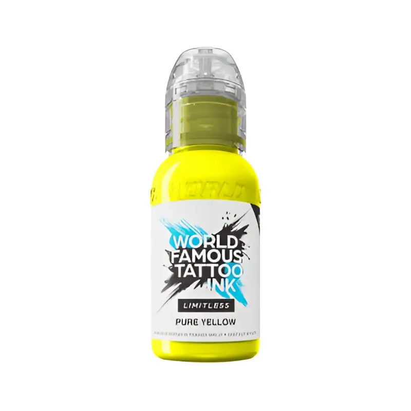 Eine leuchtend gelbe world famous grenzenlose Tätowierfarben-Flasche mit transparenter, abgerundeter Kappe und weißem Etikett, 30 ml