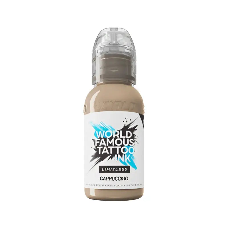 A sleek transparent bottle of world famous tattoo ink in cappuccino shade from the limitless skin tone set