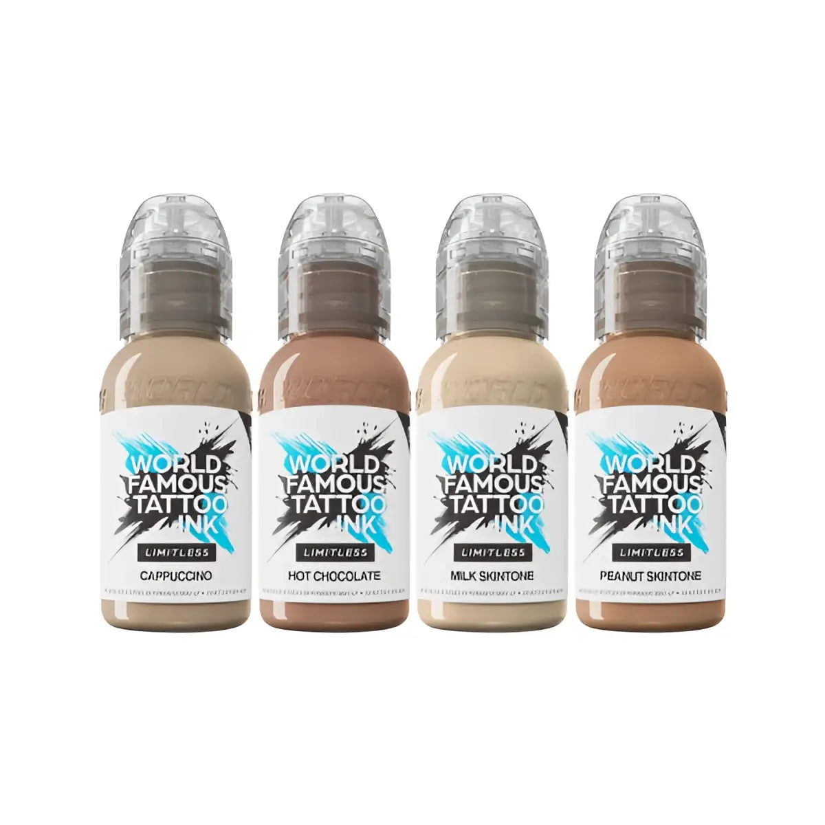 Four world famous limitless tattoo ink bottles with clear caps and black blue text skin tone set 30ml each