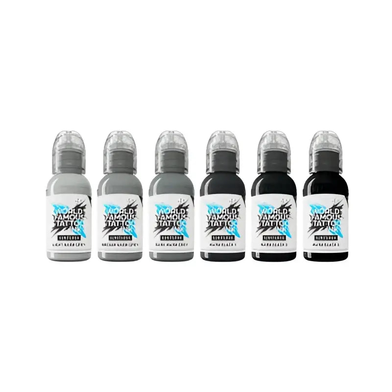 Six small bottles of world famous limitless tattoo ink in warm grey pastel shades with clear caps and black blue labels