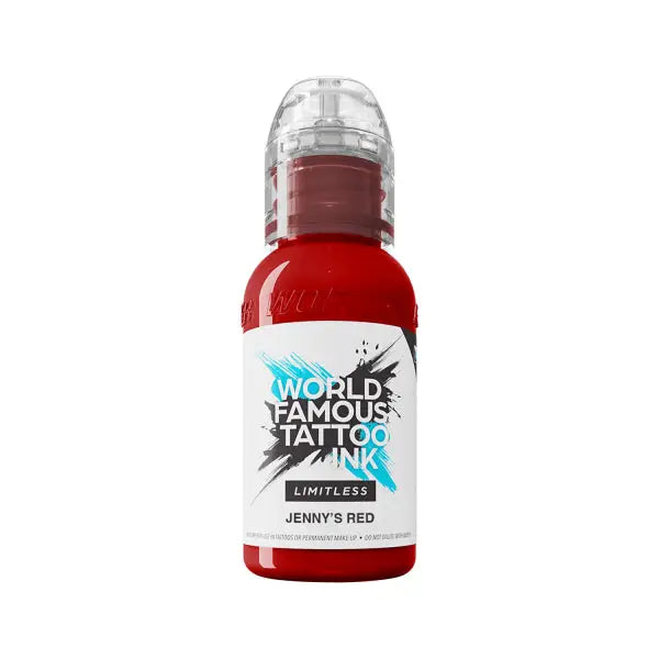 A vibrant red bottle of world famous Limitless tattoo ink with a clear plastic cap and bold black and blue label