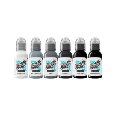 Set of six world famous limitless tattoo ink bottles in shades from white to black with clear caps labeled tattoo fame