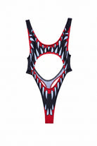 Black, red, and white bodysuit with shark tooth design 