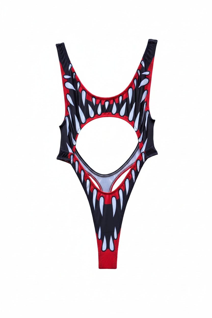 Black, red, and white bodysuit with shark tooth design 
