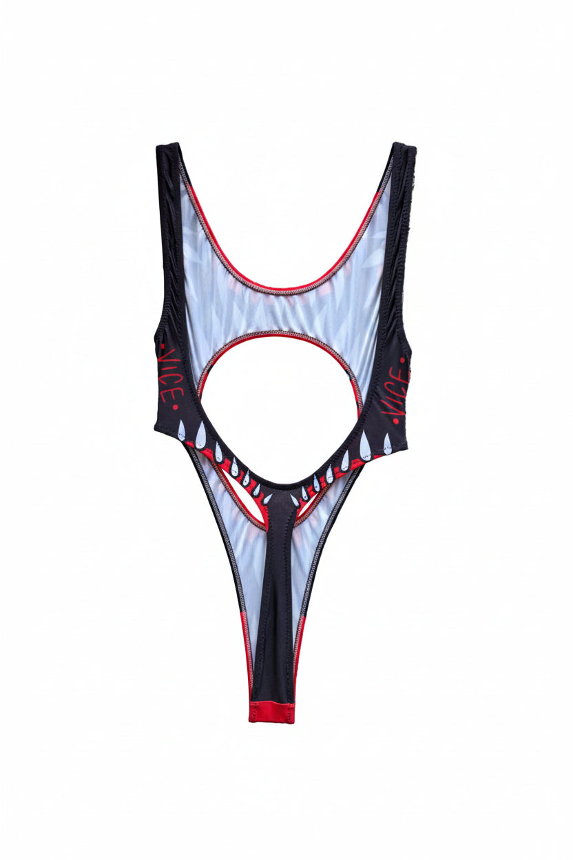 Black, white, and red swimsuit with shark mouth design 