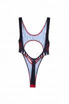 Black, white, and red swimsuit with shark mouth design 