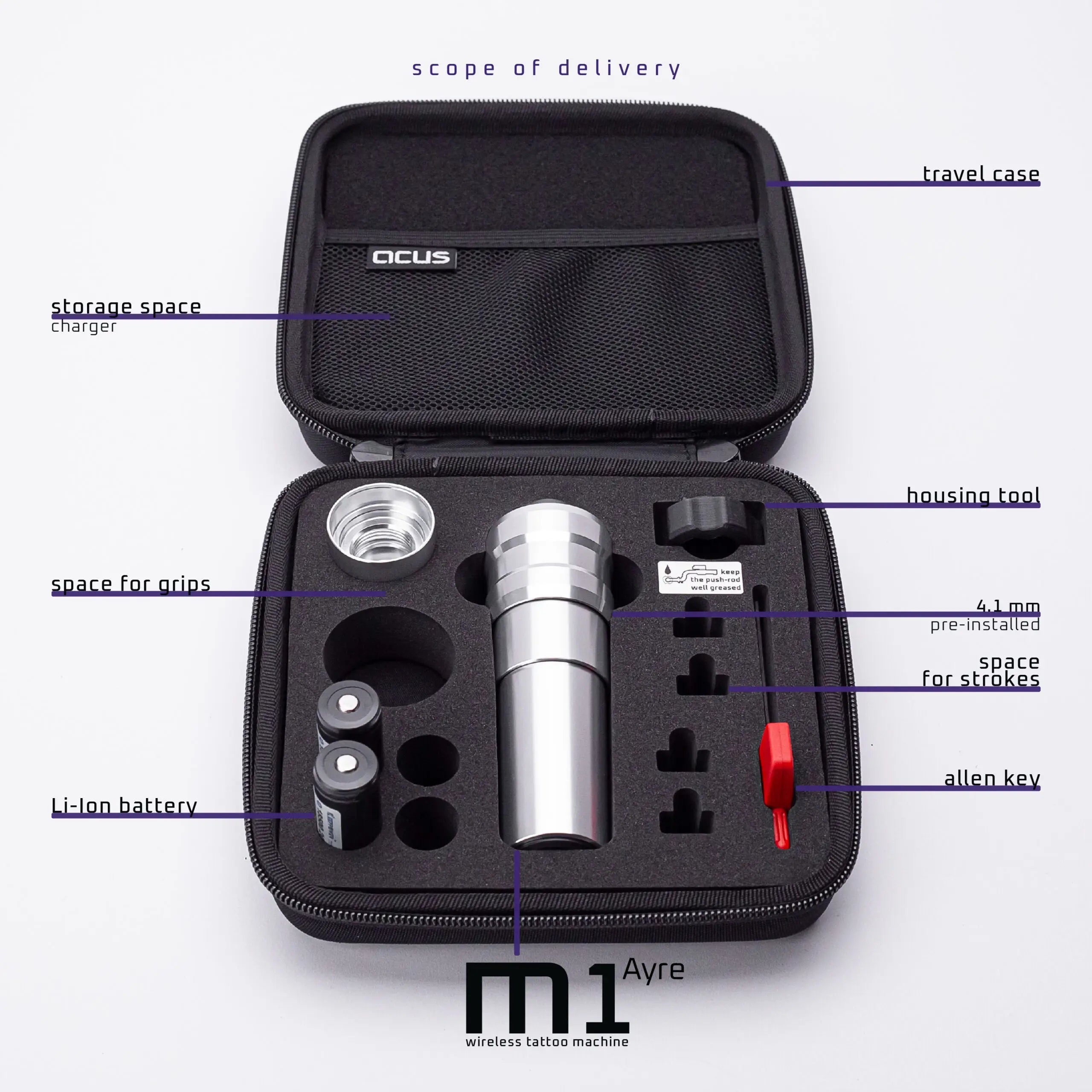 Silver cylindrical wireless tattoo machine with textured grip and threaded barrel branded Acus M1 Ayre
