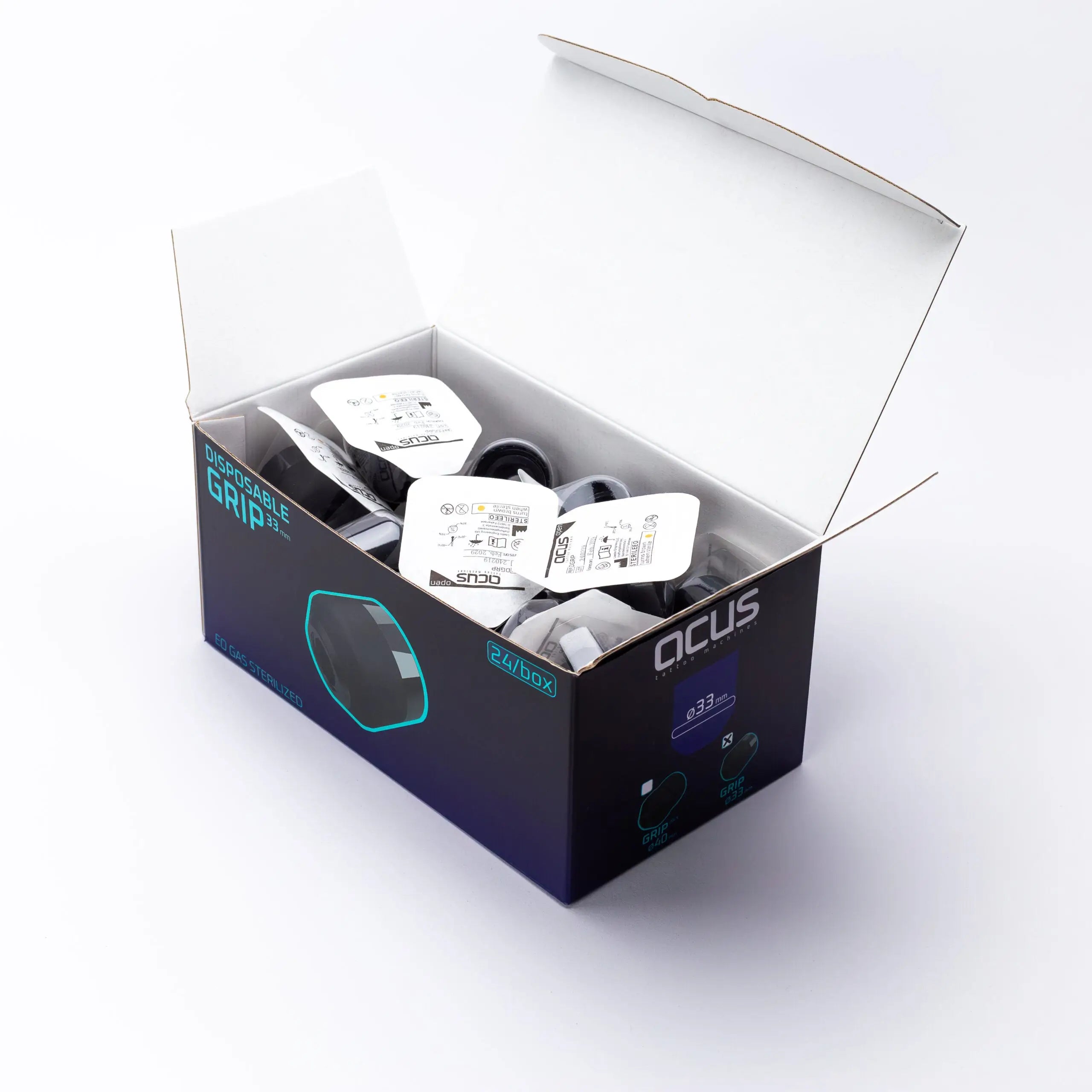 Schwarze und tealfarbene Acus Einweg-Grip tips in einer Box für bequemen, sicheren Sitz in der ACUS M1 Einweg-Grip-Serie