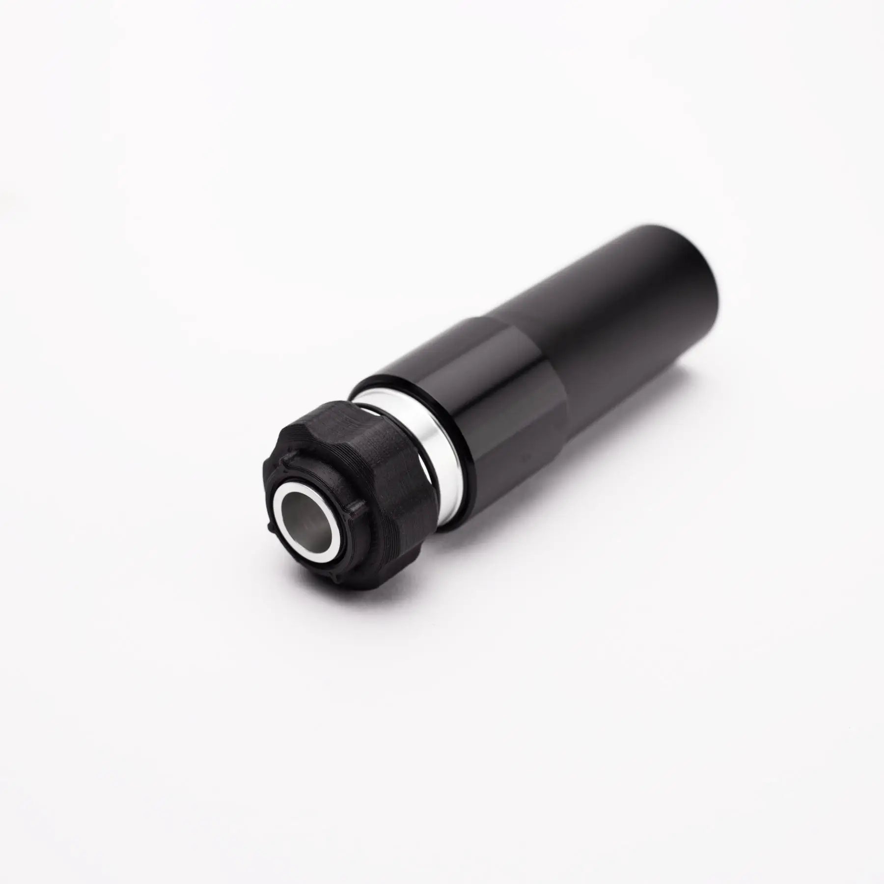 Black zylindrischer mechanischer Verbinder mit silbernem Metallring und Gewindekappe für ACUS M1-Gehäusewerkzeug