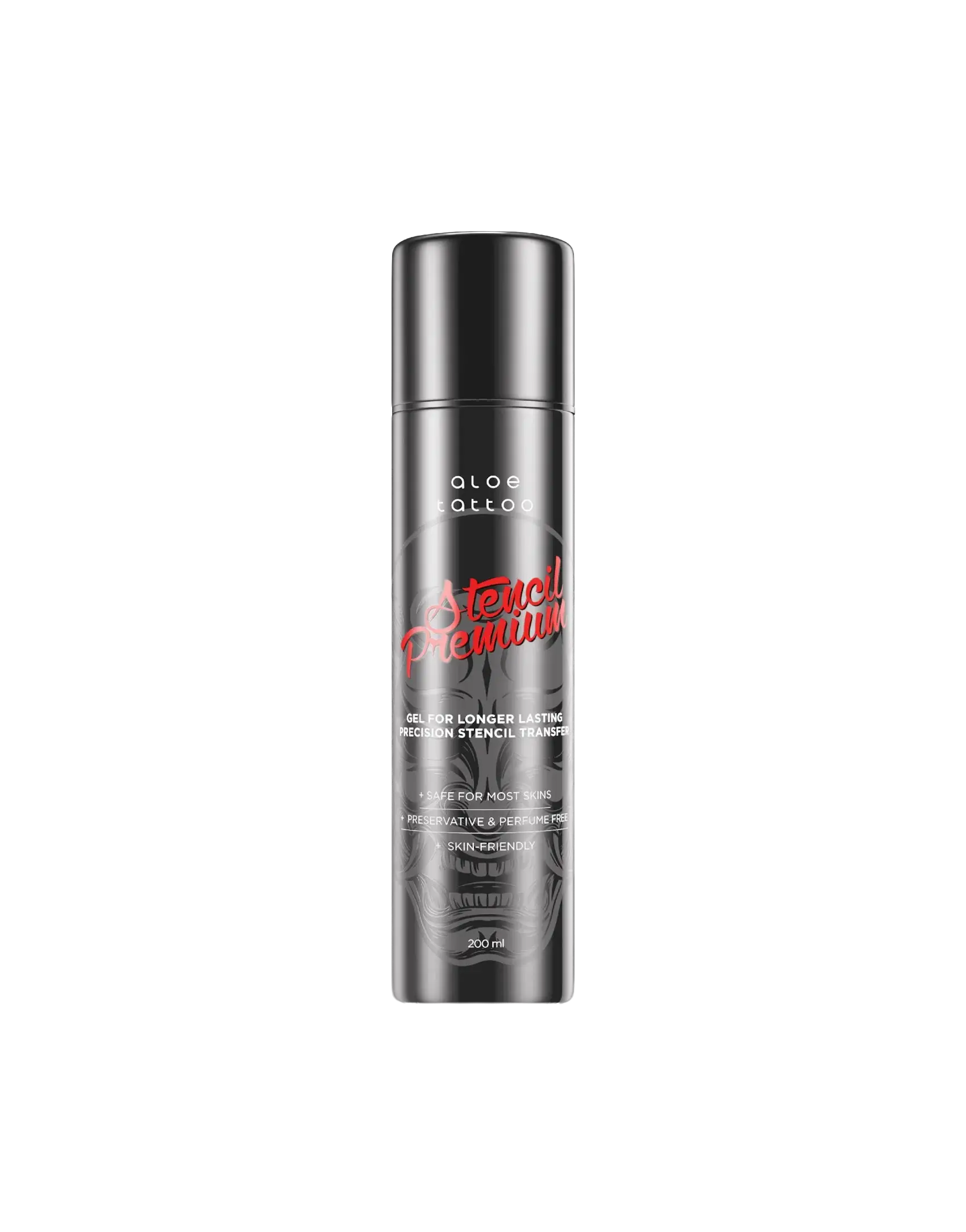 A sleek black cylindrical bottle of aloe tattoo stencil premium gel with bold red and white text professional stencil primer