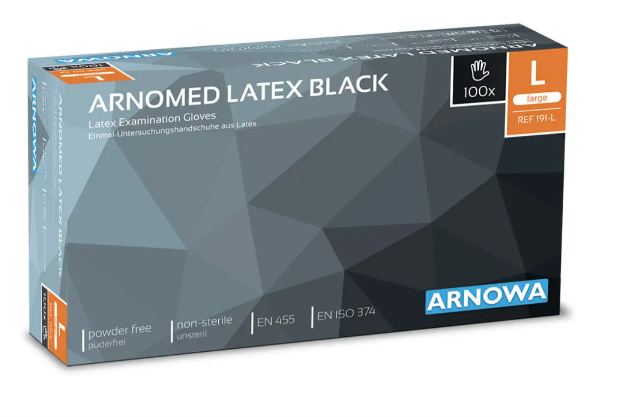 Black latex powder-free examination gloves size l in geometric patterned box by arnowa arnmed product