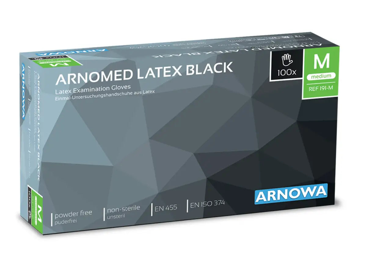 Black latex powder-free examination gloves in size m by arnowa in a geometric patterned box
