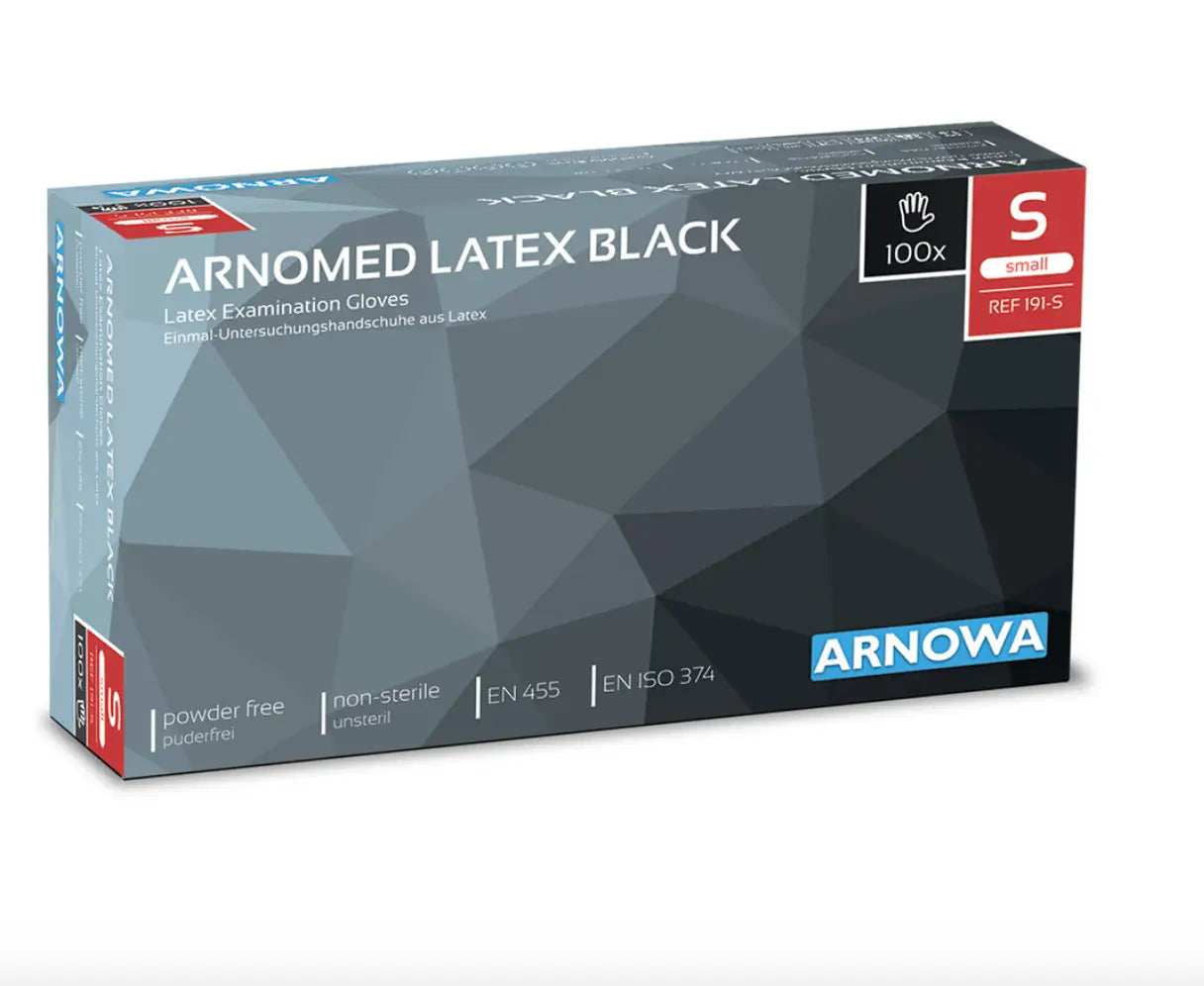 Arnomed black latex powder-free examination gloves displayed in a sleek geometric-patterned box