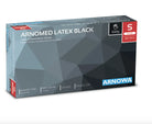 Arnomed black latex powder-free examination gloves displayed in a sleek geometric-patterned box