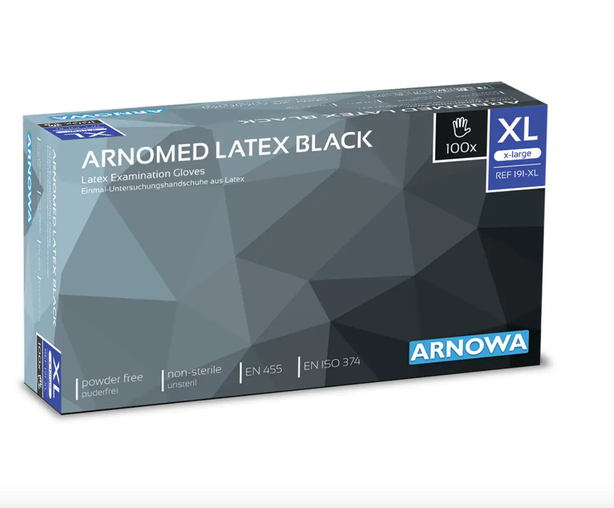 Arnomed black latex powder-free examination gloves displayed in a geometric patterned arnowa box