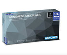 Arnomed black latex powder-free examination gloves displayed in a geometric patterned arnowa box