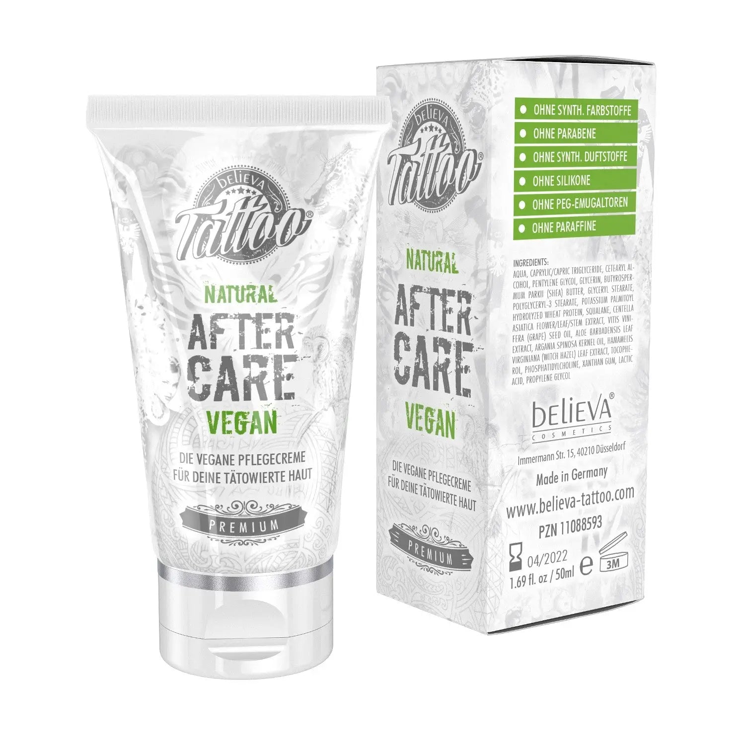 Silver tube of believa tattoo natural aftercare vegan cream with decorative pattern and matching box 50ml