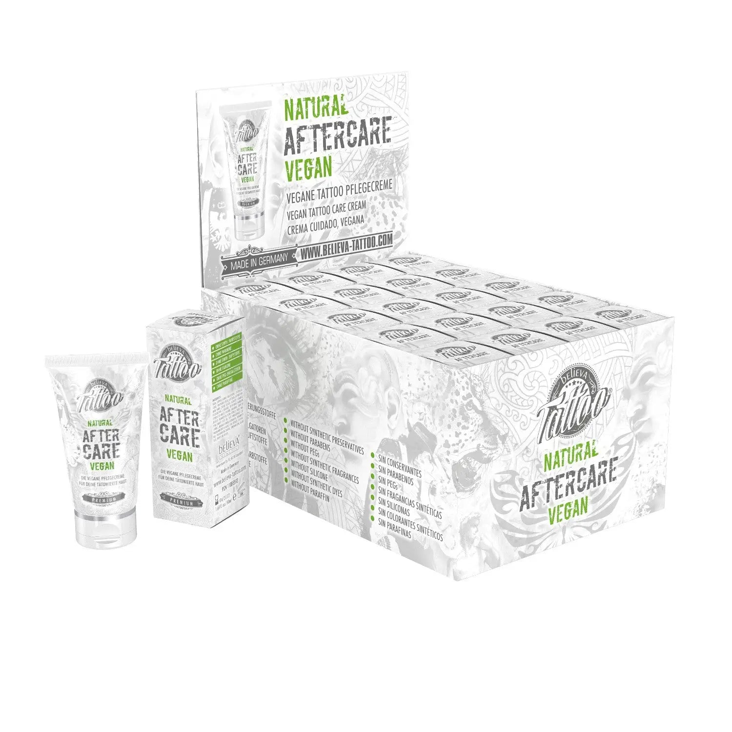 Believa tattoo vegan aftercare cream 50ml in a clear tube with white green label and black white illustrated box