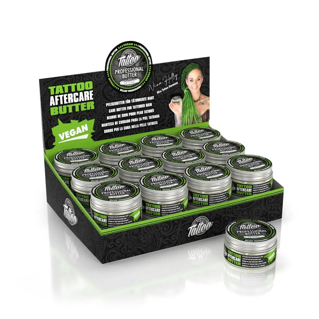 BELIEVA Tattoo-Tattoo-Butter für die Nachpflege 25 ml in Grün und Schwarz, beschriftete silberne Dose zur Hautheilung