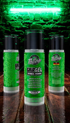 Green cylindrical BELIEVA tattoo grip gel stencil primer bottles with black caps and paisley design labels 250ml
