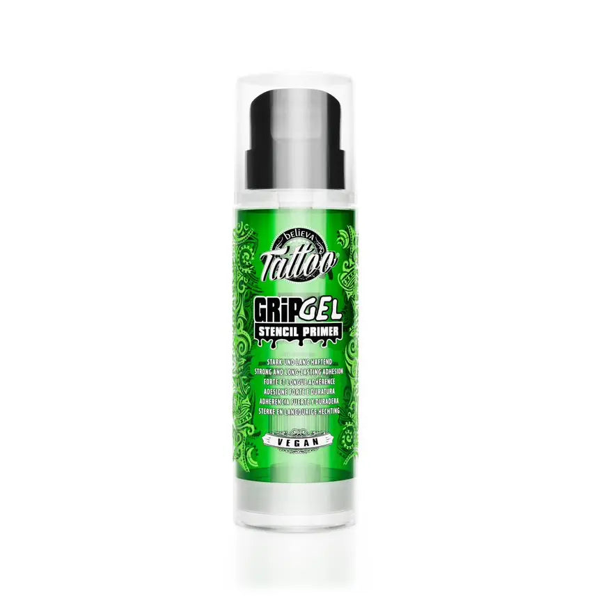 Green cylindrical bottle of BELIEVA TATTOO grip gel stencil primer 250ml with black pump and ornate label design
