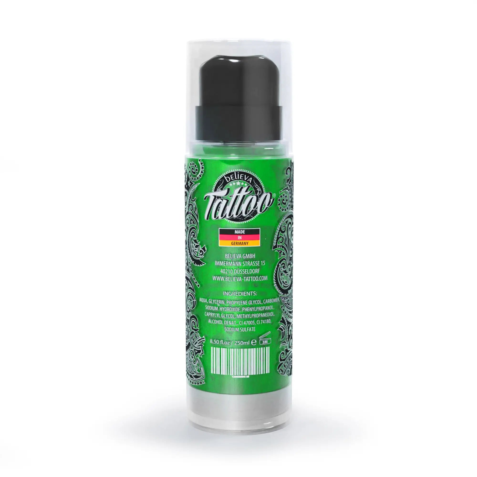 Green tattoo ink bottle with black pump and ornate label design for believa tattoo grip gel stencil primer 250ml