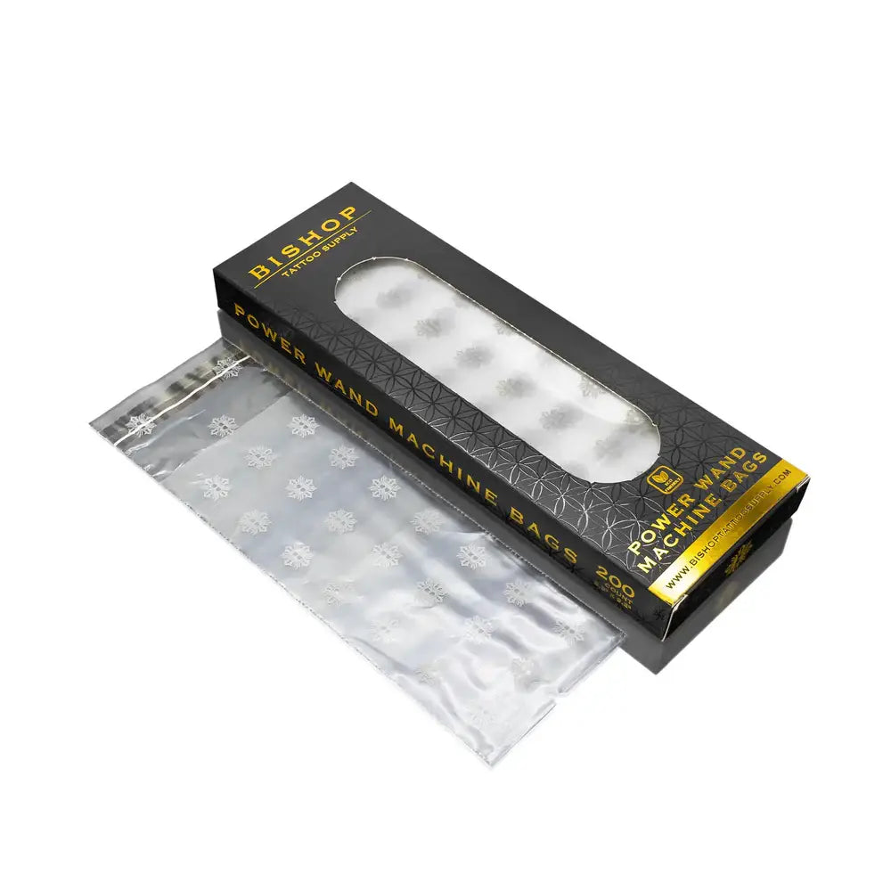 Black and gold bishop battery pen machine bags with clear plastic and silver snowflake patterns for power wand use