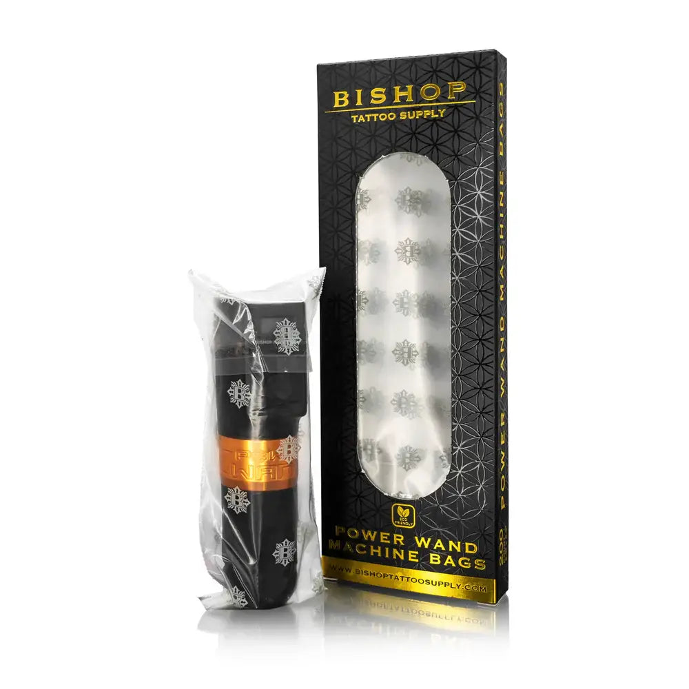 Black bishop battery pen machine bags with silver snowflake patterns in clear sleeve beside branded black and gold box