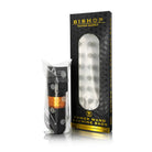 Black bishop battery pen machine bags with silver snowflake patterns in clear sleeve beside branded black and gold box