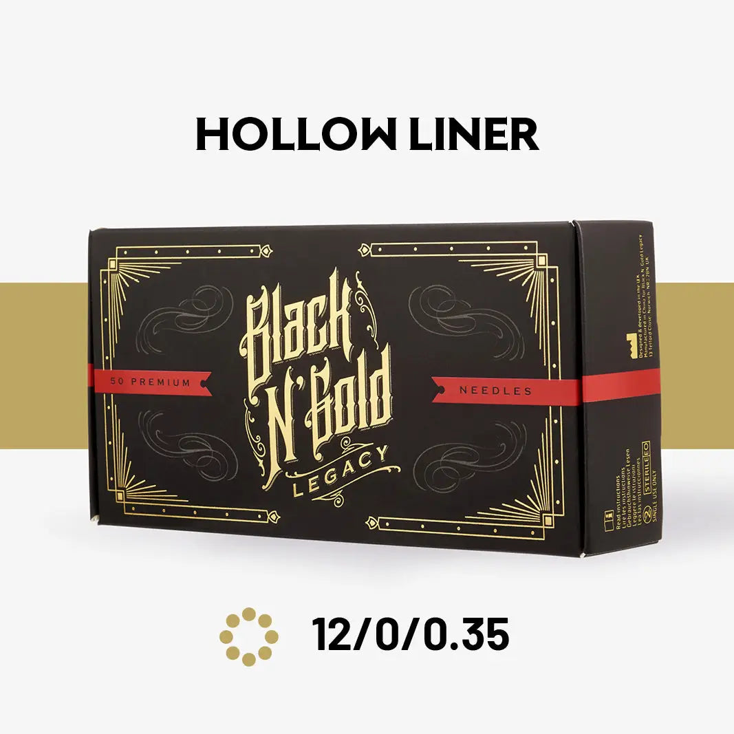 Black n gold premium tattoo needles hollow liner box with sleek black and gold design ornate lettering and red accents