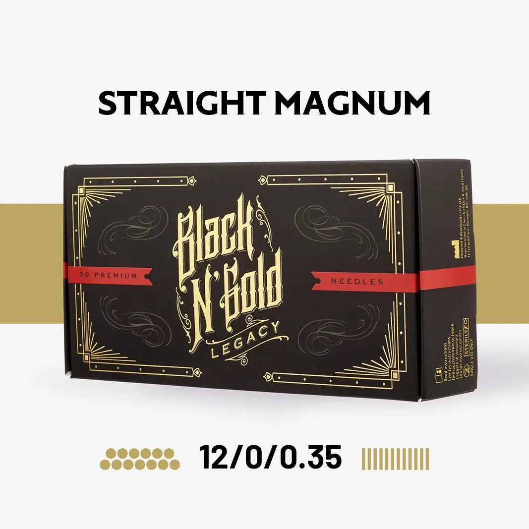 Black n gold premium tattoo needles magnum box with sleek black and gold design and red accents