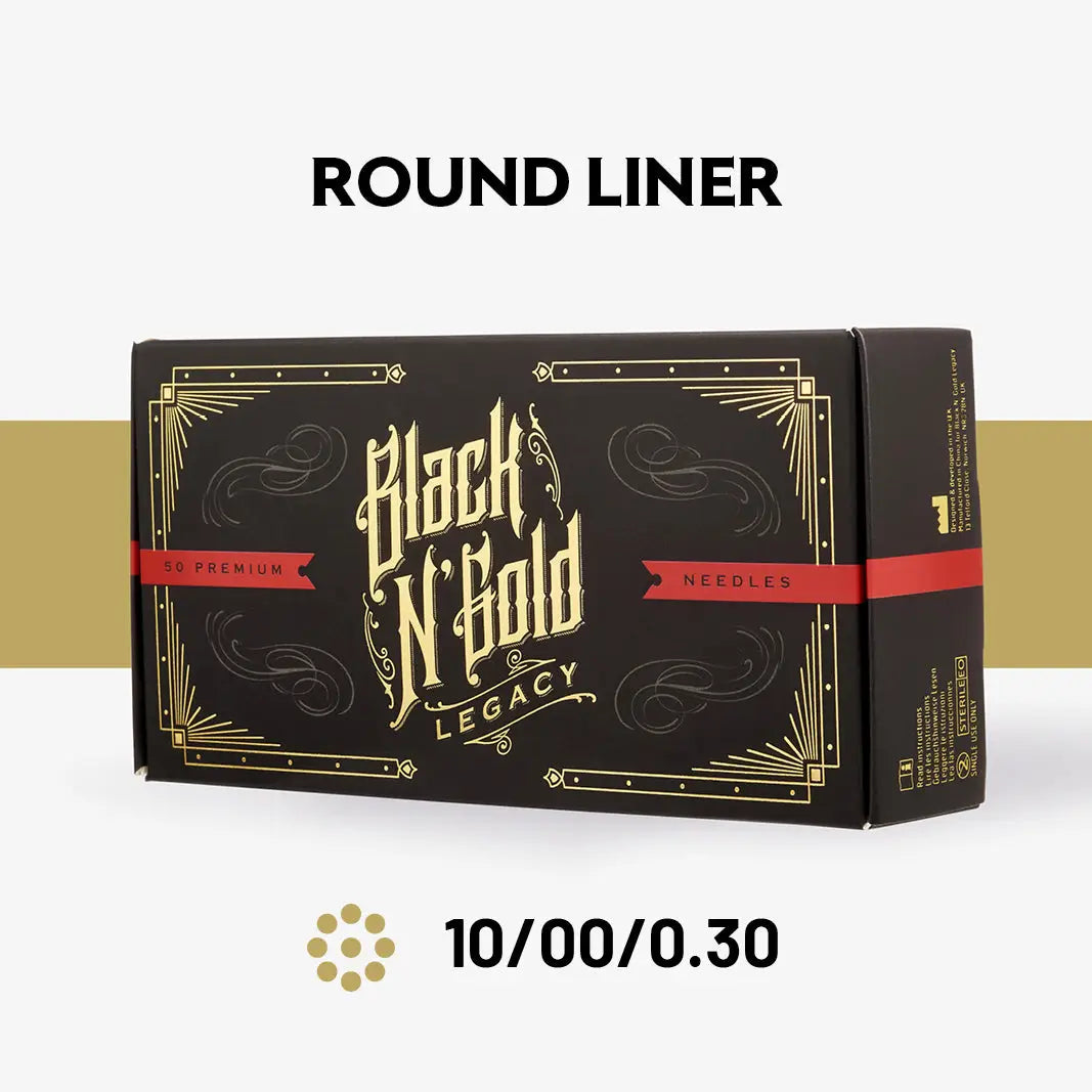 Black n gold legacy box of 50 premium round liner tattoo needles with black gold ornate design and red accents