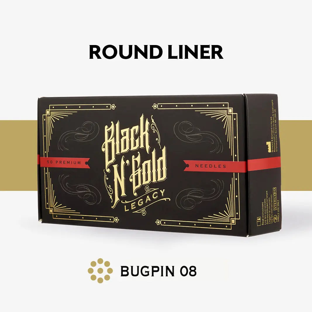 Black and gold ornate packaging box for black n gold legacy premium tattoo needles round liner set