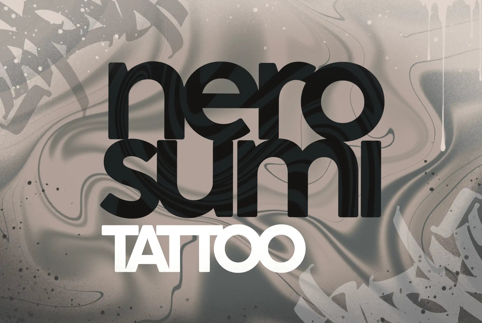 Black and white ’nero sumi tattoo’ logo on a gray marbled background.