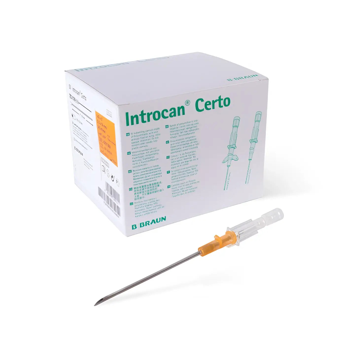 Braun Introcan-Certo-Nadel mit transparentem Schaft und orangefarbenem Hub neben ihrer weißen b braun-Verpackung