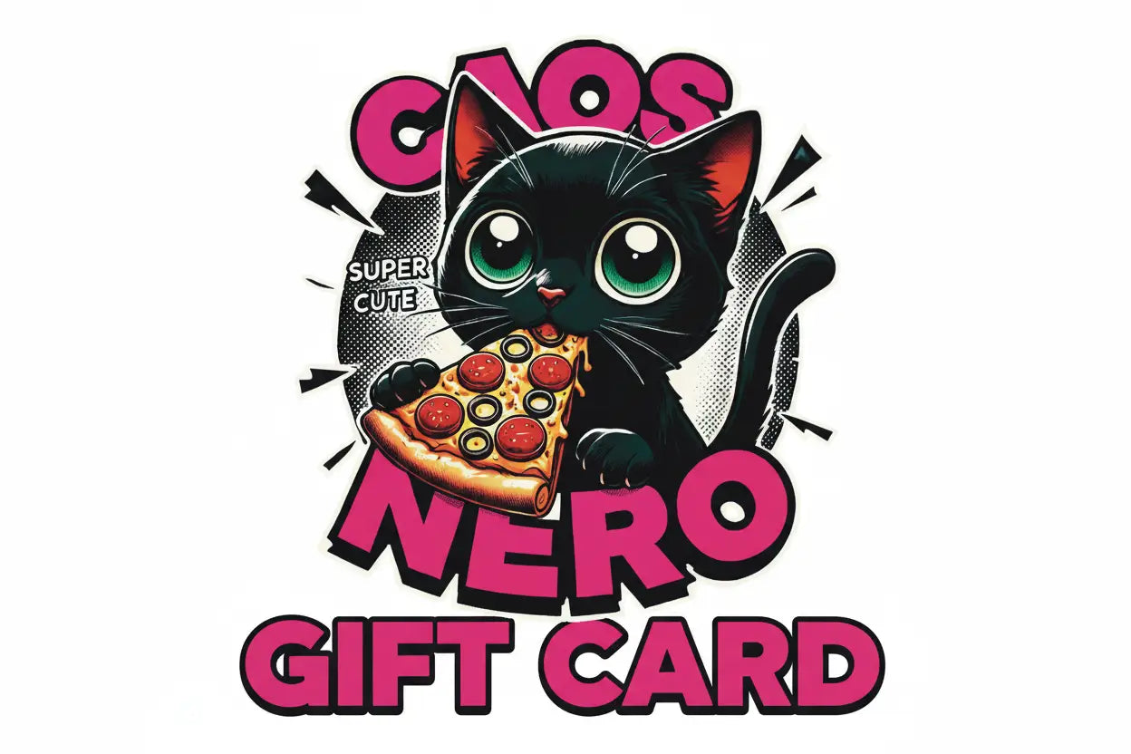 A black cartoon cat with green eyes holding pepperoni pizza in front of bold pink nero gift card text illustration