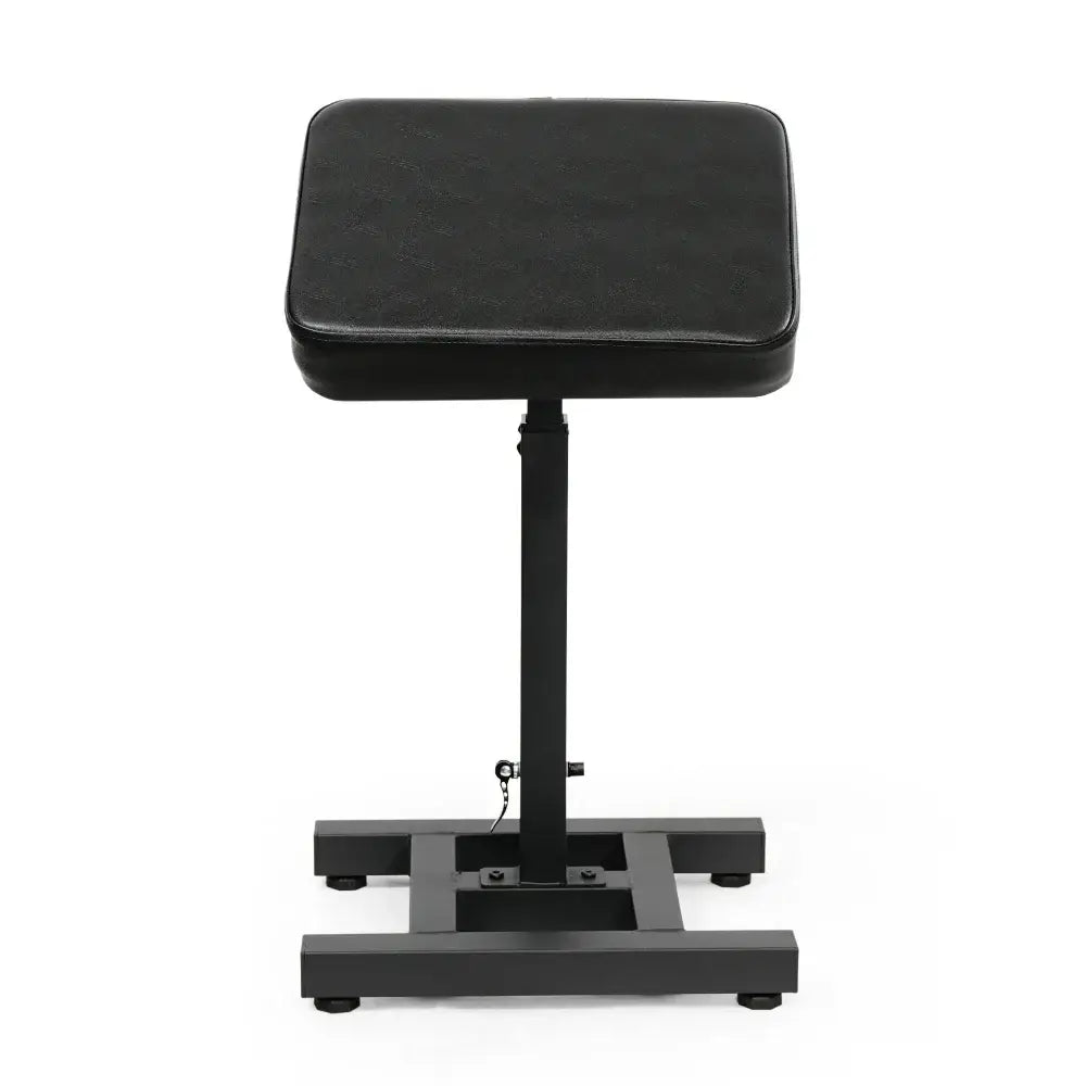 Black padded rectangular stool with sturdy metal frame and adjustable height for caos nero rental arm rest standard or xxl