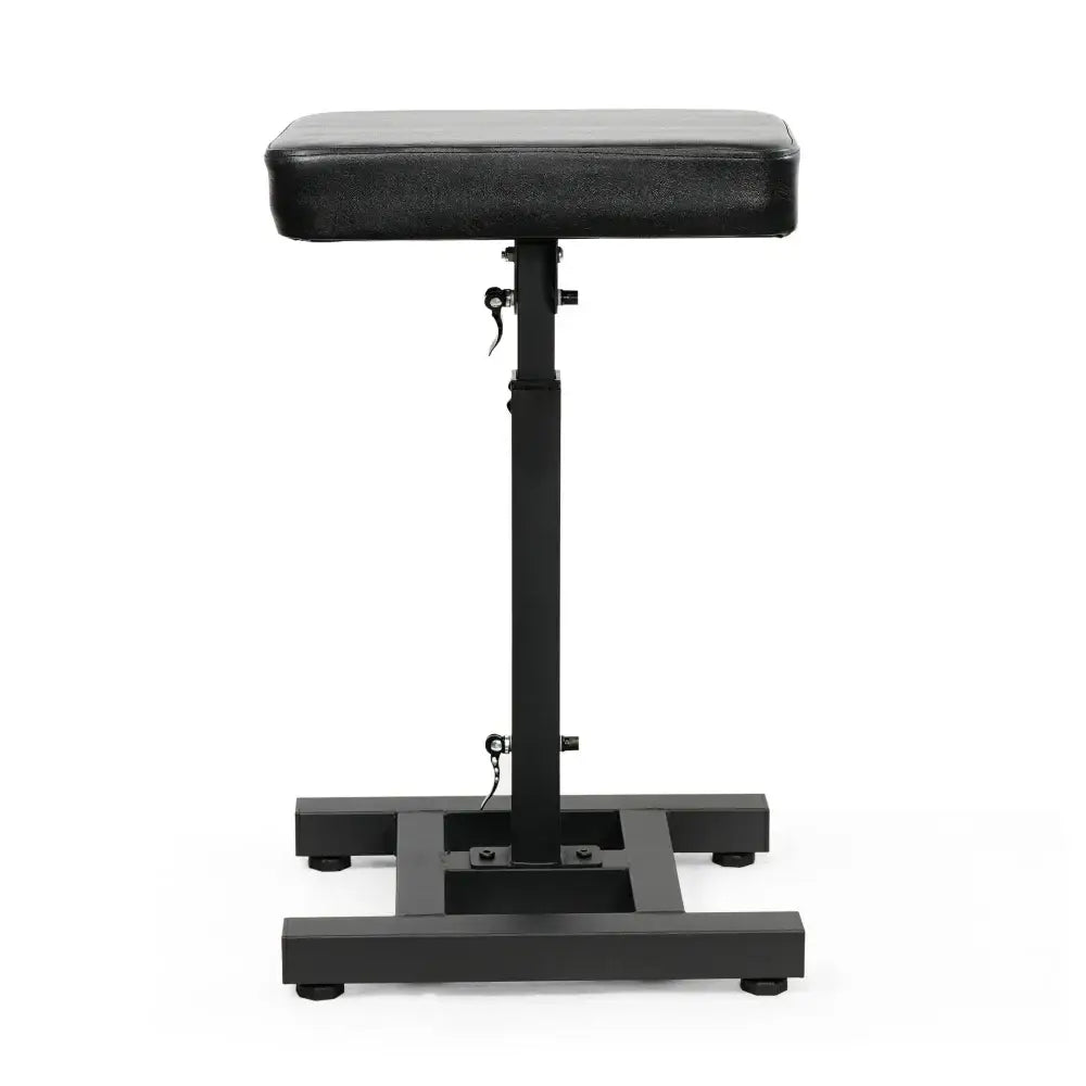 Black padded rectangular stool with adjustable height and metal base from caos nero rental arm rest standard or xxl