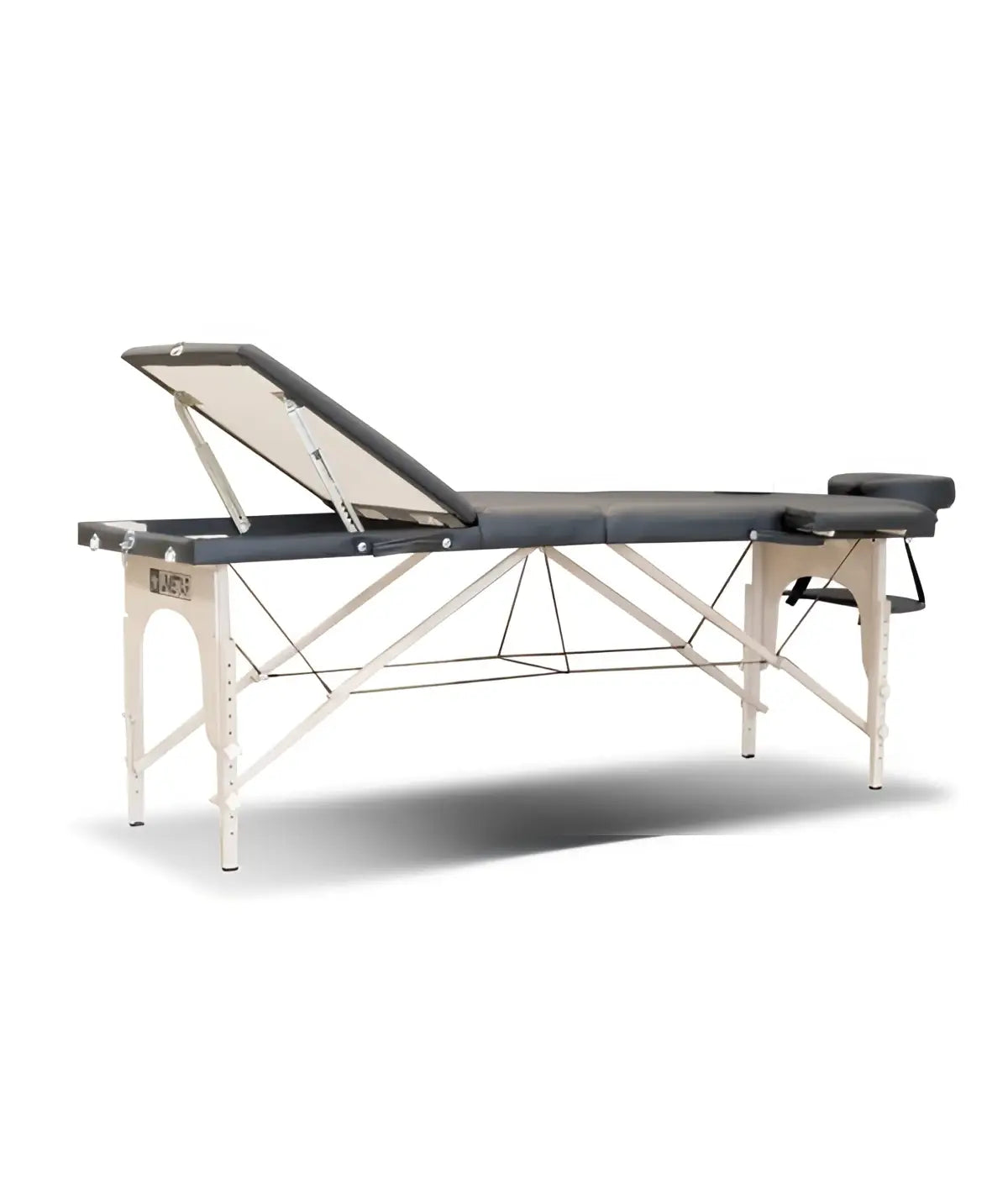 Table de massage rembourrée noire de location caos nero avec cadre métallique blanc et appui-tête réglable pour usage professionnel