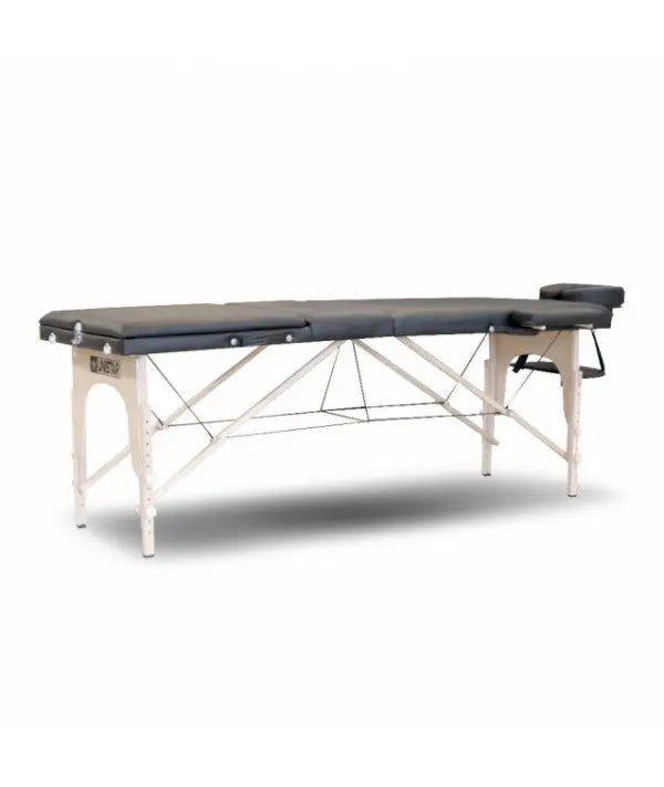 Black padded massage table with white metal frame and adjustable headrest for rental use caos nero model