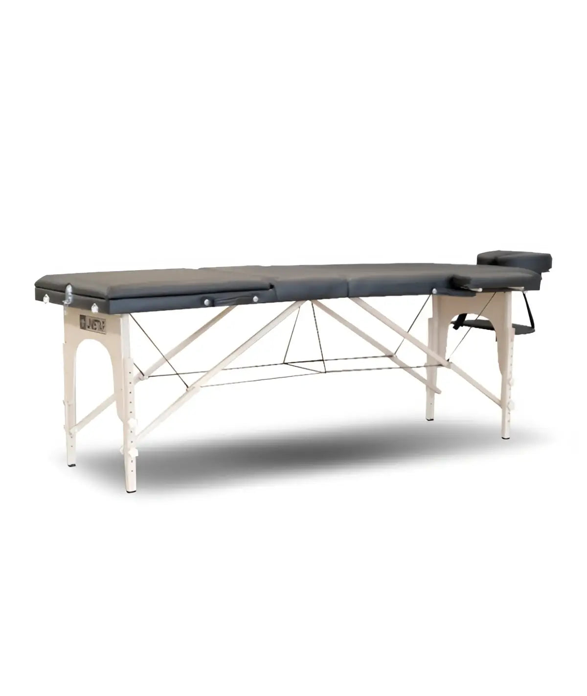 Table de massage noire rembourrée avec cadre en métal blanc et appuie-tête réglable pour usage locatif, modèle caos nero