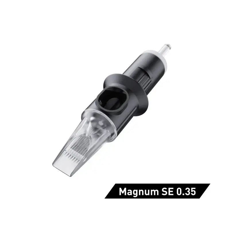 Black magnum se 0.35 tattoo needle cartridge with clear plastic tip and textured grip for secure handling by cheyenne