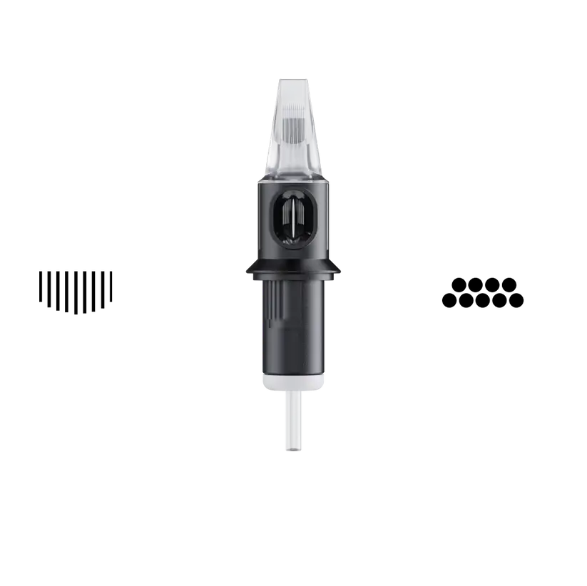 Black and clear curved magnum tattoo needle cartridge with sleek cylindrical design by cheyenne for safety use
