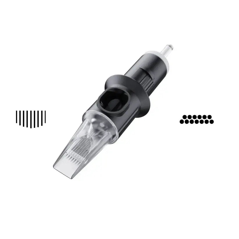 Black and clear cheyenne safety tattoo needle cartridge with transparent housing showing curved magnum needles