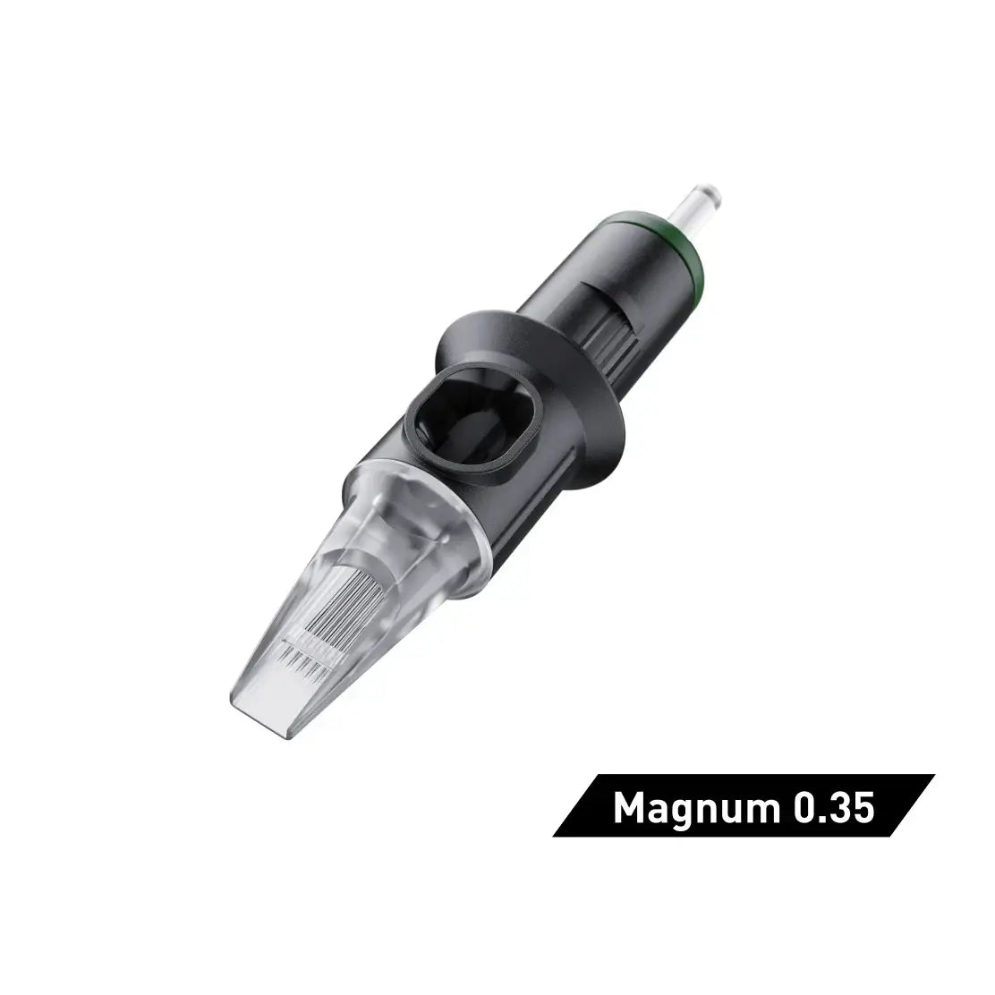 Black and clear cheyenne safety tattoo needle cartridge with green accent labeled magnum 0.35 for precision shading